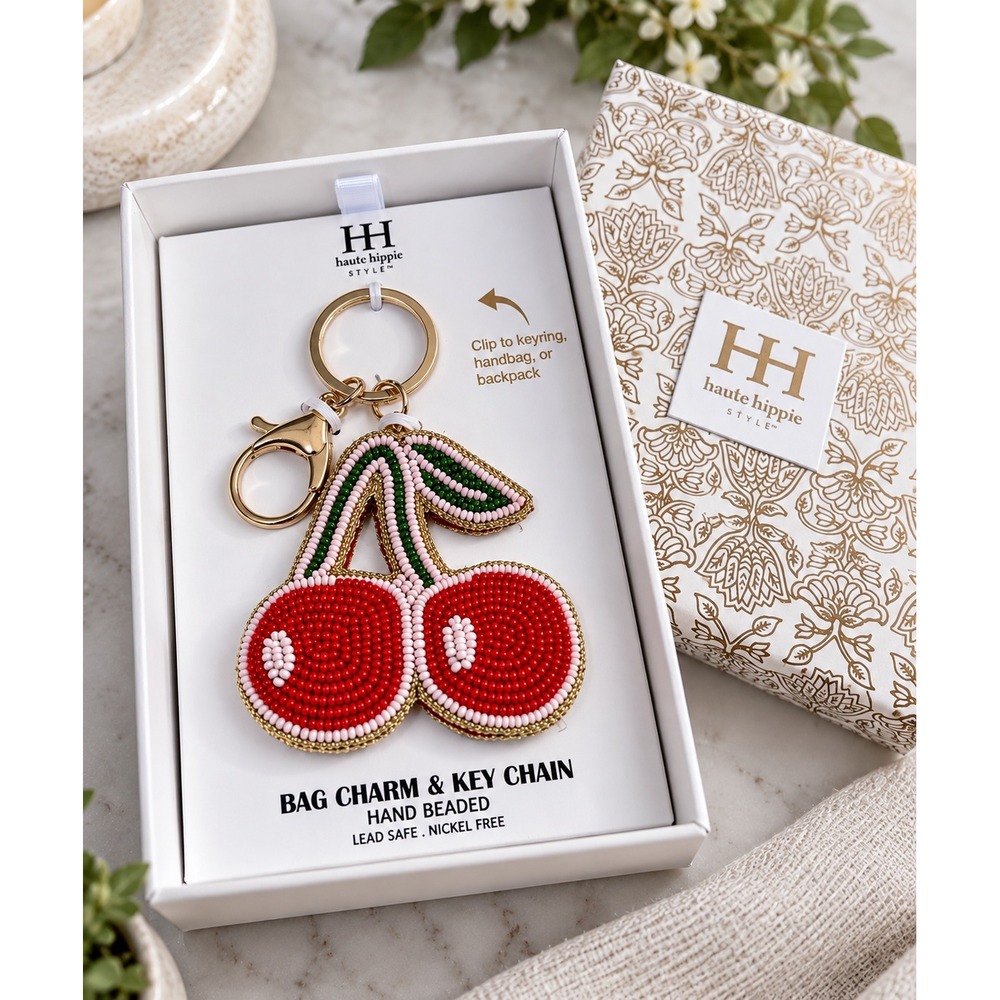Haute Hippie Bag Charm Cherry Red Hand Beaded Gold Boho Accessory OS